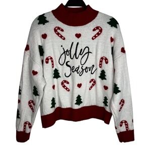 Primark Sz L "Jolly Season" Christmas Holiday Sweater Candy Cane Mock Neck Comfy